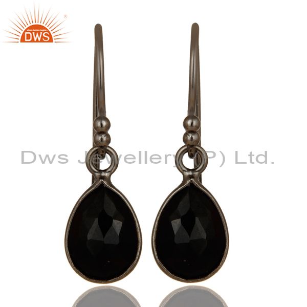 Oxidized Sterling Silver Faceted Black Onyx Gemstone Bezel Set Teardrop Earrings