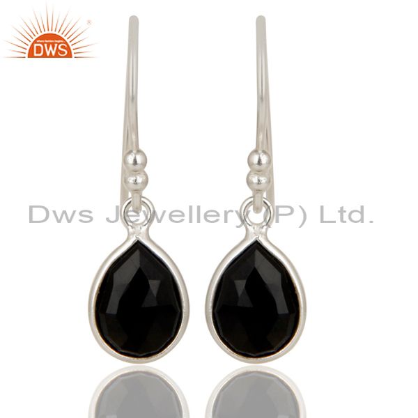 Solid 925 Silver Faceted Black Onyx Gemstone Bezel Set Teardrop Earrings