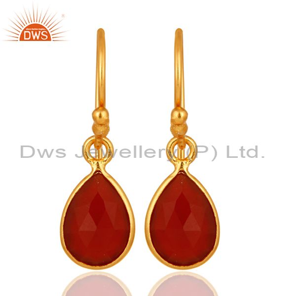 18K Yellow Gold Plated Sterling Silver Red Onyx Gemstone Dangle Earrings