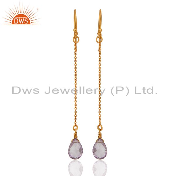 18K Yellow Gold Plated Sterling Silver Amethyst Briolette Gemstone Chain Earring