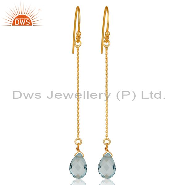 925 Sterling Silver Blue Topaz Briolette Link Chain Dangle Earrings