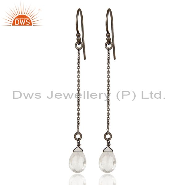 Oxidized Solid Sterling Silver Crystal Quartz Link Chain Dangle Earrings