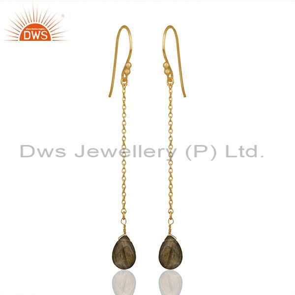 18K Rose Gold Plated Sterling Silver Labradorite Drop Long Chain Earrings
