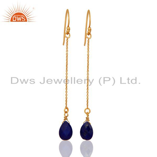 18K Yellow Gold Plated Sterling Silver Lapis Lazuli Briolette Chain Earrings