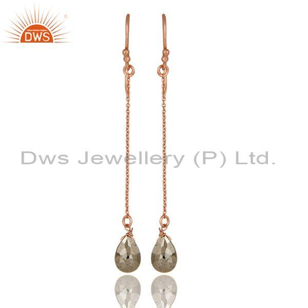 18K Rose Gold Plated Sterling Silver Golden Pyrite Briolette Dangle Earrings