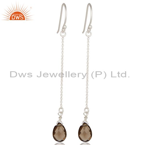 925 Sterling Silver Smoky Quartz Gemstone Briolette Chain Dangle Earrings