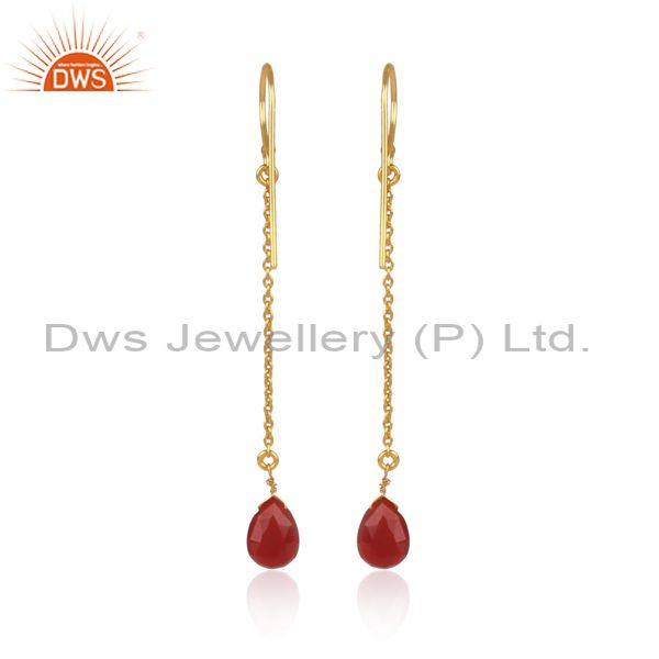 Red Onyx Gemstone Handmade 925 Silver Chain Gold Plated Earrings