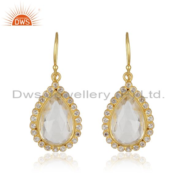 18K Yellow Gold Plated Sterling Silver White Topaz & Crystal Quartz Drop Earring
