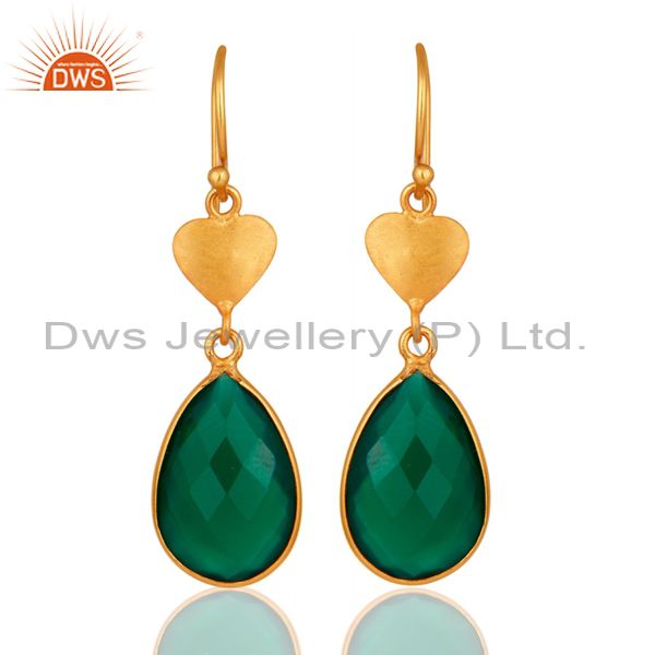 18K Yellow Gold Over Sterling Silver Green Onyx Faceted Drop Earrings