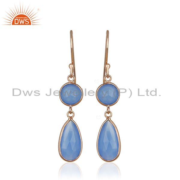 Blue Chalcedony Gemstone Rose Gold Plated 925 Silver Earring Manufacturers