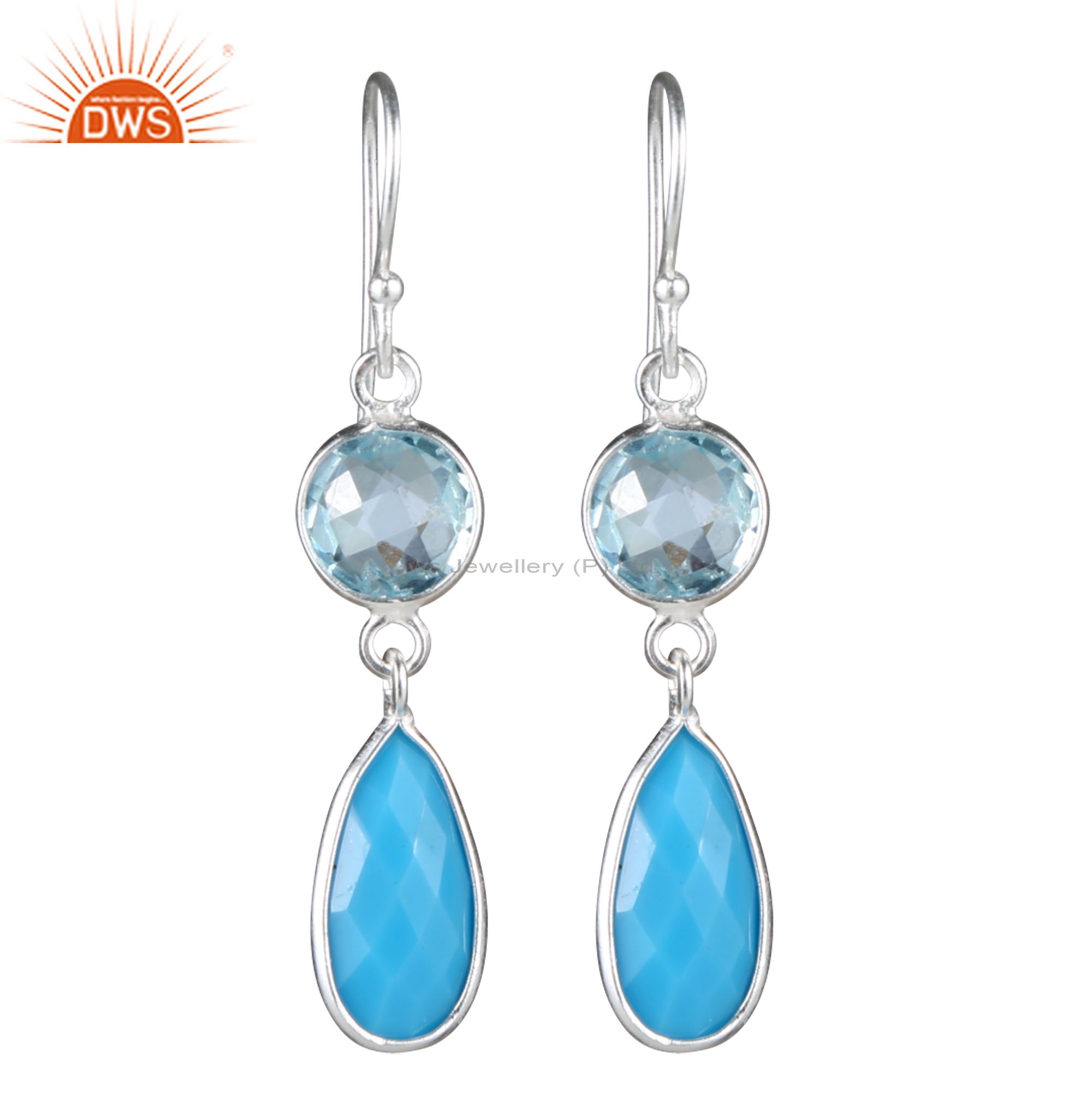 925 Sterling Silver Turquoise And Blue Topaz Bezel Set Double Dangle Earrings