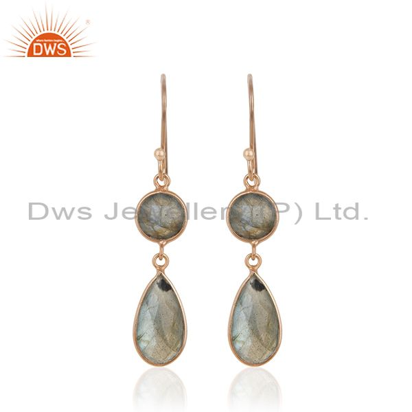 Natural Labradorite Gemstone 925 Silver Rose Gold Earrings Manufacturer India