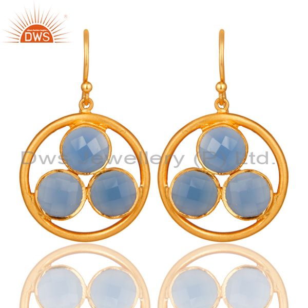 Handmade 18k Gold Plated Silver Blue Chalcedony Gemstone Circle Dangle Earrings