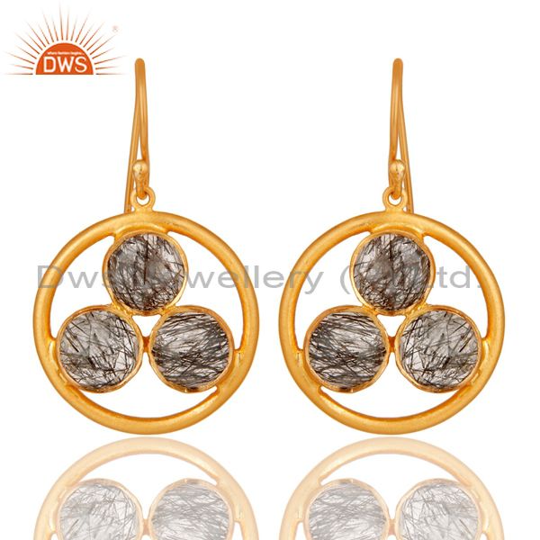 Artisan 18k Gold Plated Silver Black Rutile Gemstone Circle Dangle Earrings