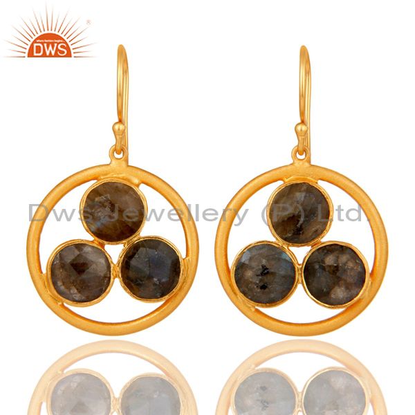 18k Gold Plated 925 Silver Labradorite Gemstone Circle Dangle Handmade Earrings