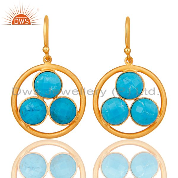 18k Yellow Gold Plated Solid Silver Turquoise Gemstone Circle Dangle Earrings