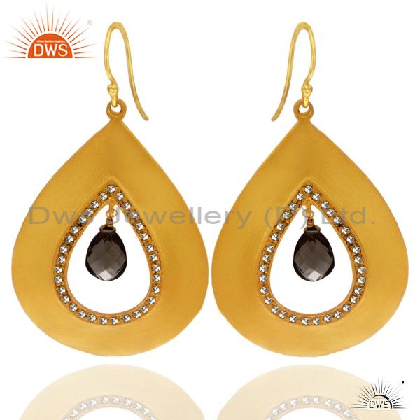 22K Yellow Gold Plated Sterling Silver Smoky Quartz Drop Earrings With CZ