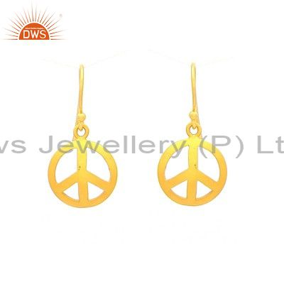 18K Yellow Gold Plated Sterling Silver Peace Sign Dangle Hook Earrings
