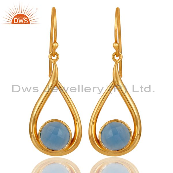 18k Yellow Gold Plated Sterling Silver Blue Chalcedony Gemstone Artisan Earring