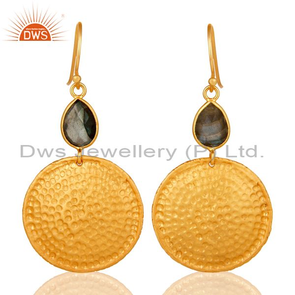 22K Gold Plated Sterling Silver Hammered Disc Dangle Earrings With Labradorite