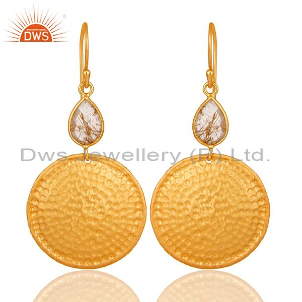 22K Gold Plated Sterling Silver Yellow Rutile Hammered Disc Dangle Earrings