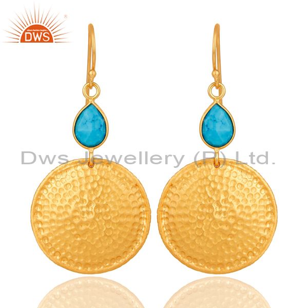 22K Gold Plated Sterling Silver Turquoise Disc Dangle Hammered Earrings