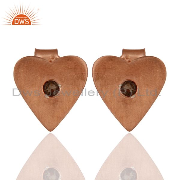 18K Rose Gold Plated Sterling Silver Smoky Quartz Heart Stud Earrings For Womens