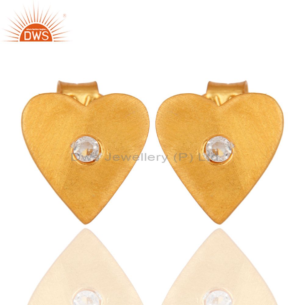White Topaz Stud 14K Gold Plated 925 Sterling Silver Heart Design Earrings