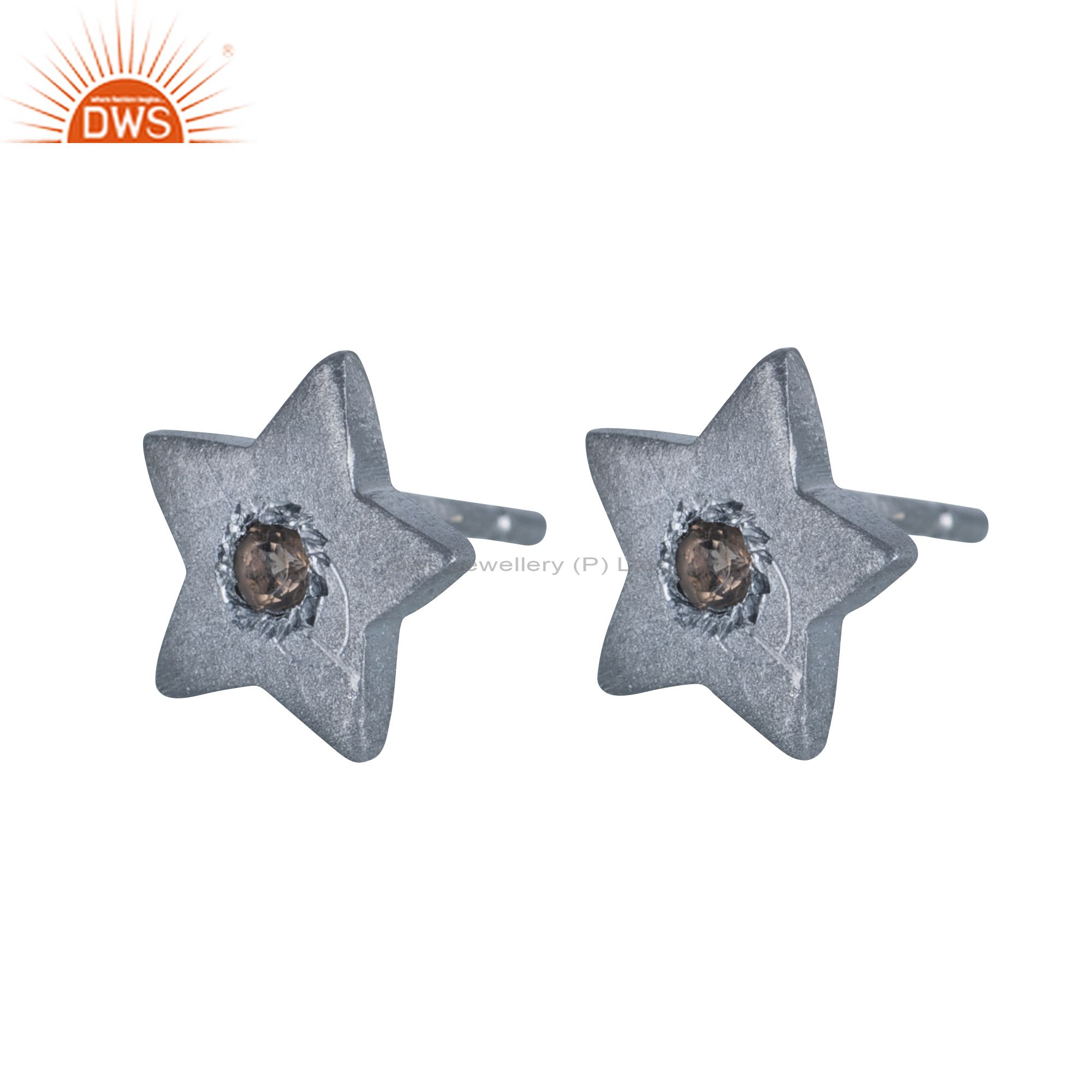 925 Solid Sterling Silver Oxidized Smoky Quartz Gemstone Star Stud Earrings