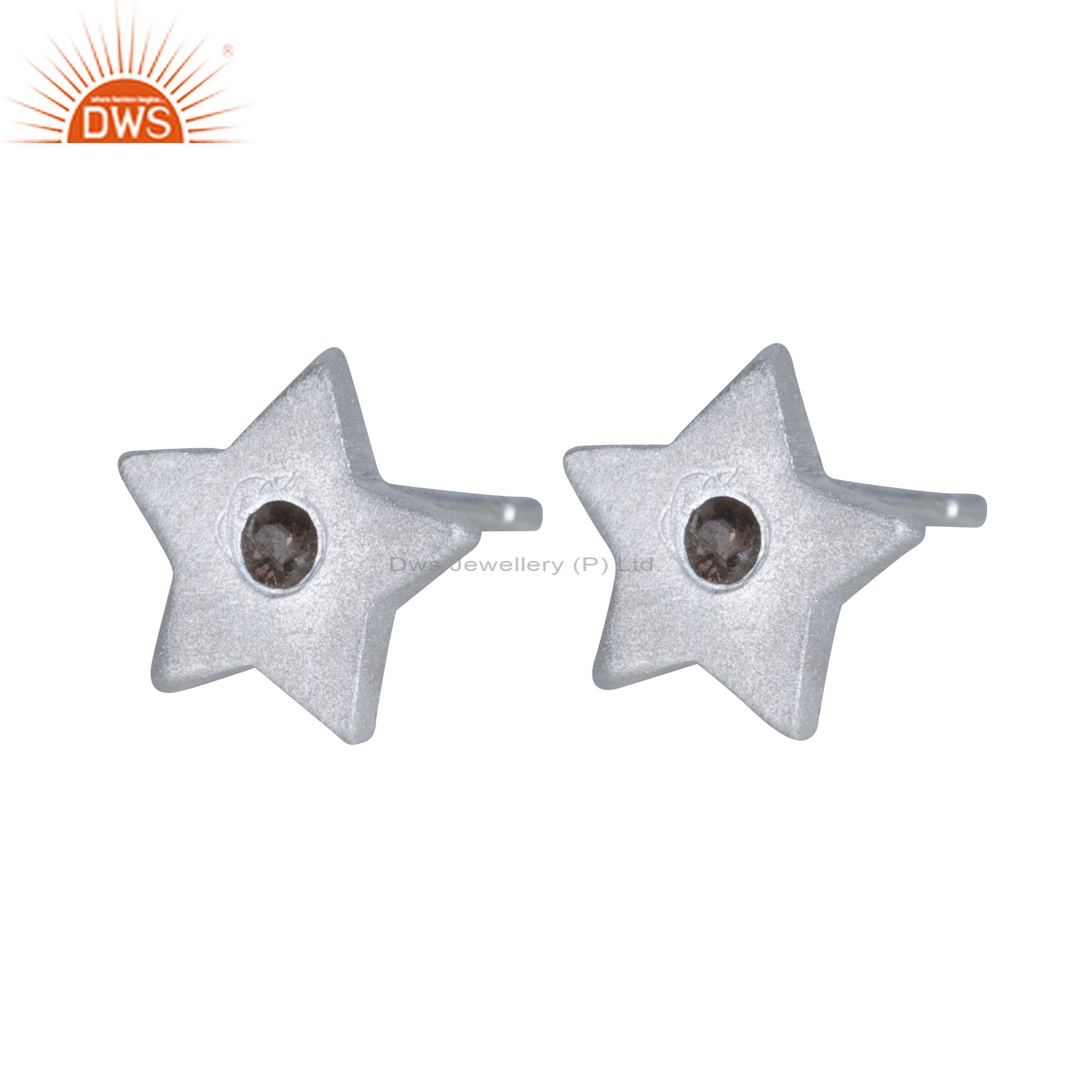 925 Sterling Silver Star Design Stud Earrings With Smoky Quartz Gemstone