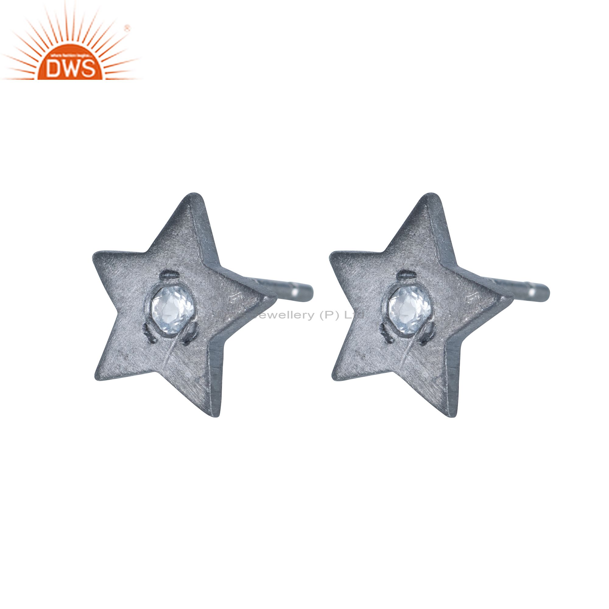 Black Rhodium Plated Sterling Silver Star Design Stud Earrings With White Topaz