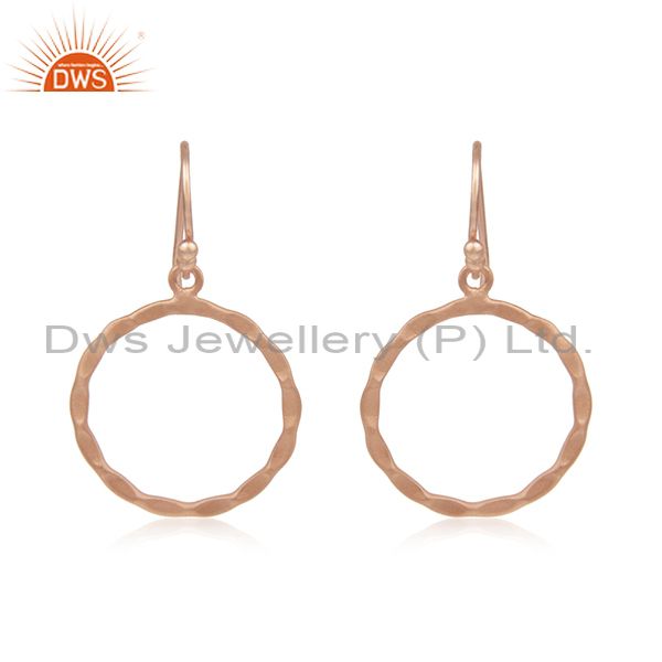 18K Rose Gold Plated Sterling Silver Hammered Circle Dangle Hook Earrings