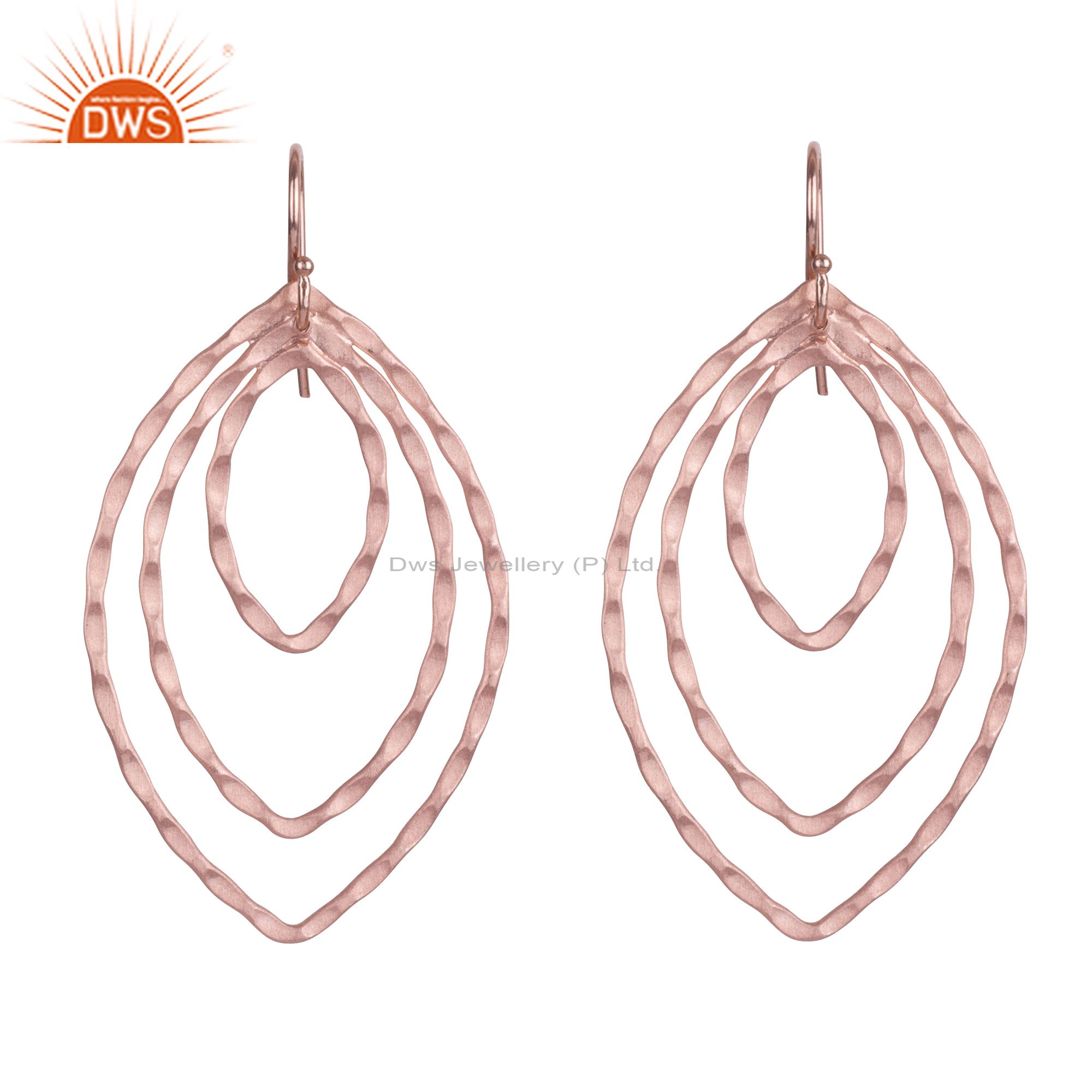 18K Rose Gold Plated Sterling Silver Hammered Circle Marquise Dangle Earrings