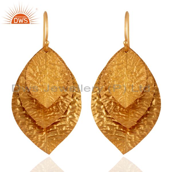 18K Yellow Gold Plated Sterling Silver Hammered Leaves Triple Drop Earrings