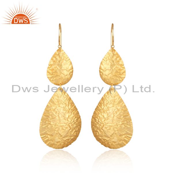 22K Yellow Gold Plated Sterling Silver Hammered Petals Drop Dangle Earrings