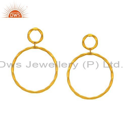24K Yellow Gold Plated Sterling Silver Hammered Circle Dangle Earrings