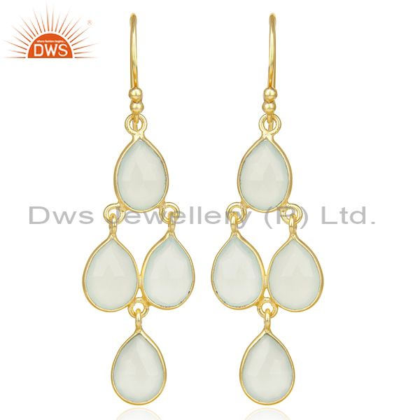 Faceted Dyed Blue Chalcedony Bezel-Set Chandelier Earrings - Gold Plated Silver