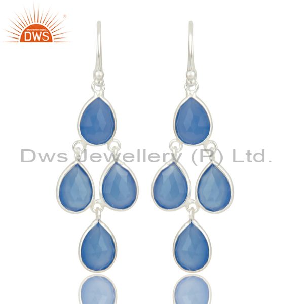 Indian Handmade Solid 925 Sterling Silver Dyed Blue Chalcedony Dangle Earrings
