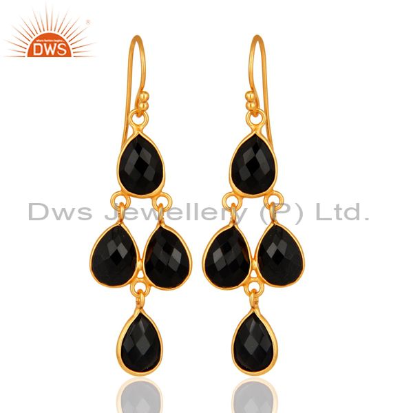 Faceted Black Onyx Gemstone Sterling Silver Dangle Earrings - Gold Plated