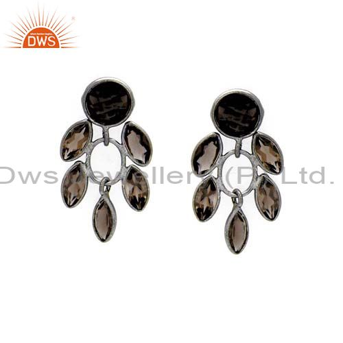 Designer Sterling Silver Oxidized Smoky Quartz Gemstone Dangle Earrings