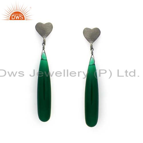 Oxidized Sterling Silver Green Onyx Gemstone Smooth Dangle Heart Earrings