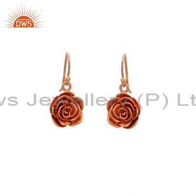 18K Rose Gold Plated Sterling Silver Flower Design Dangle Earrings