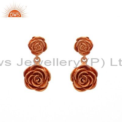 18K Rose Gold Plated Sterling Silver Flower Designer Dangle Earrings