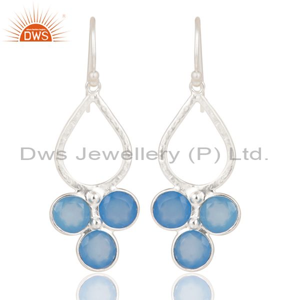 Solid 925 Sterling Silver Dyed Blue Chalcedony Bezel Set Dangle Earrings