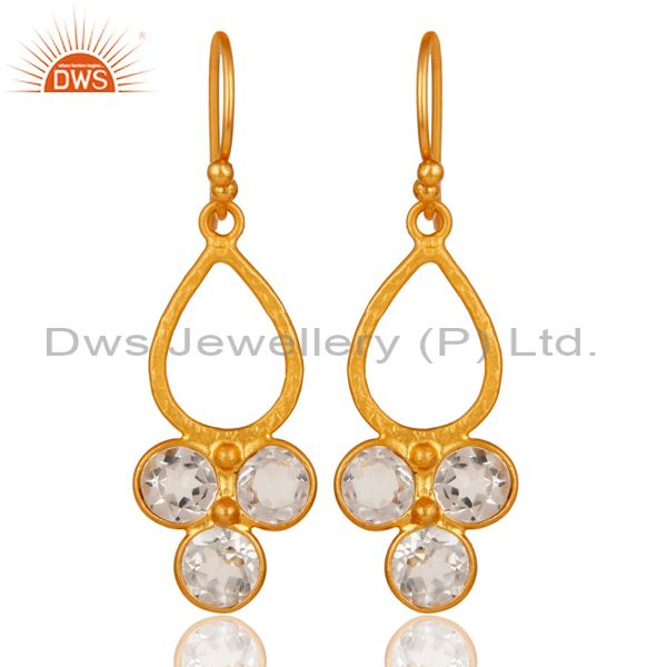 18K Gold Plated 925 Sterling Silver Crystal Quartz Dangle Earrings Jewelry