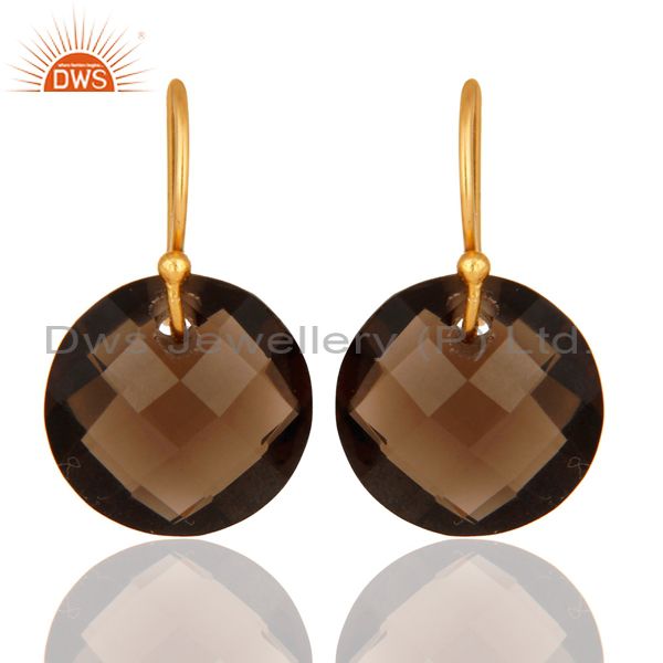Smoky Quartz Faceted Round Shape Gemstone Dangle Earrings In 18K Gold On Silver