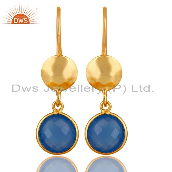 18K Yellow Gold Plated Sterling Silver Blue Chalcedony Disc Dangle Earrings