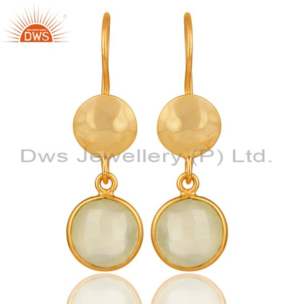 18K Yellow Gold Plated Sterling Silver Prehnite Chalcedony Disc Dangle Earrings