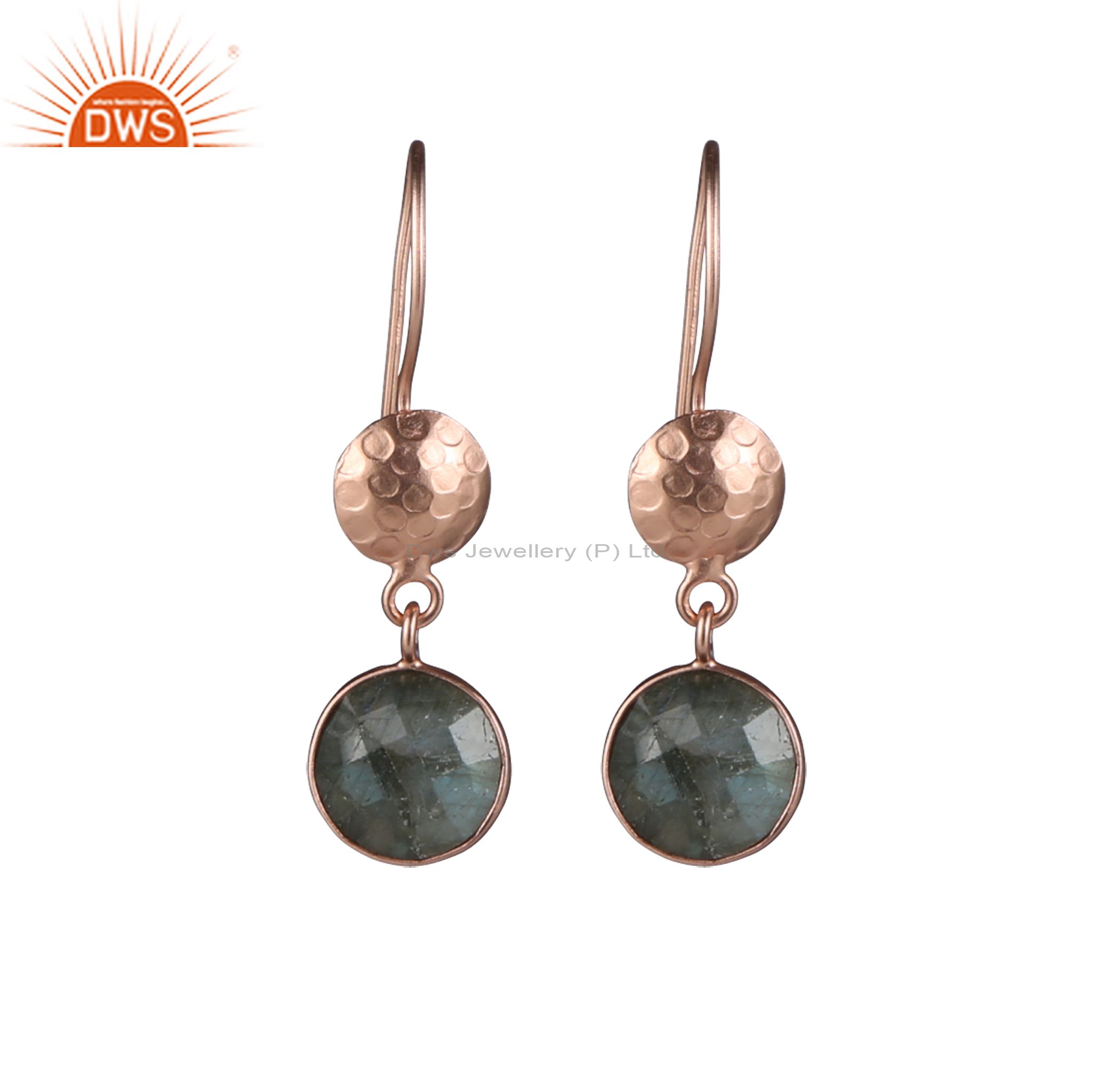 18K Rose Gold Plated Sterling Silver Labradorite Gemstone Dangle Earrings