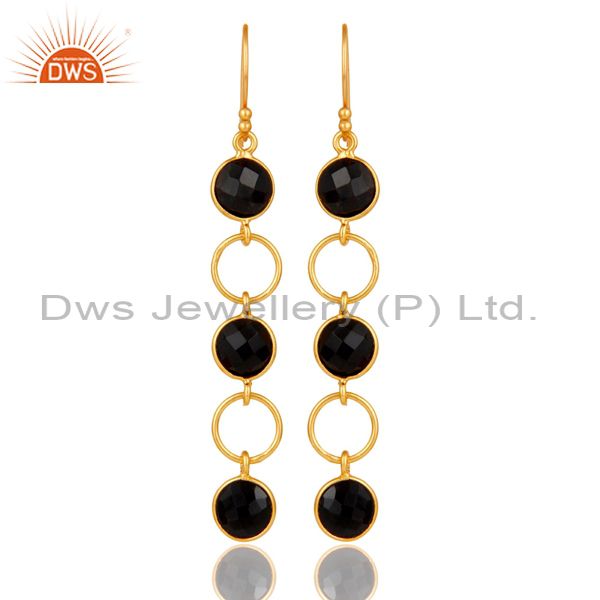 Black Onyx and 18K Gold Plated Sterling Silver Circle Dangler Earring